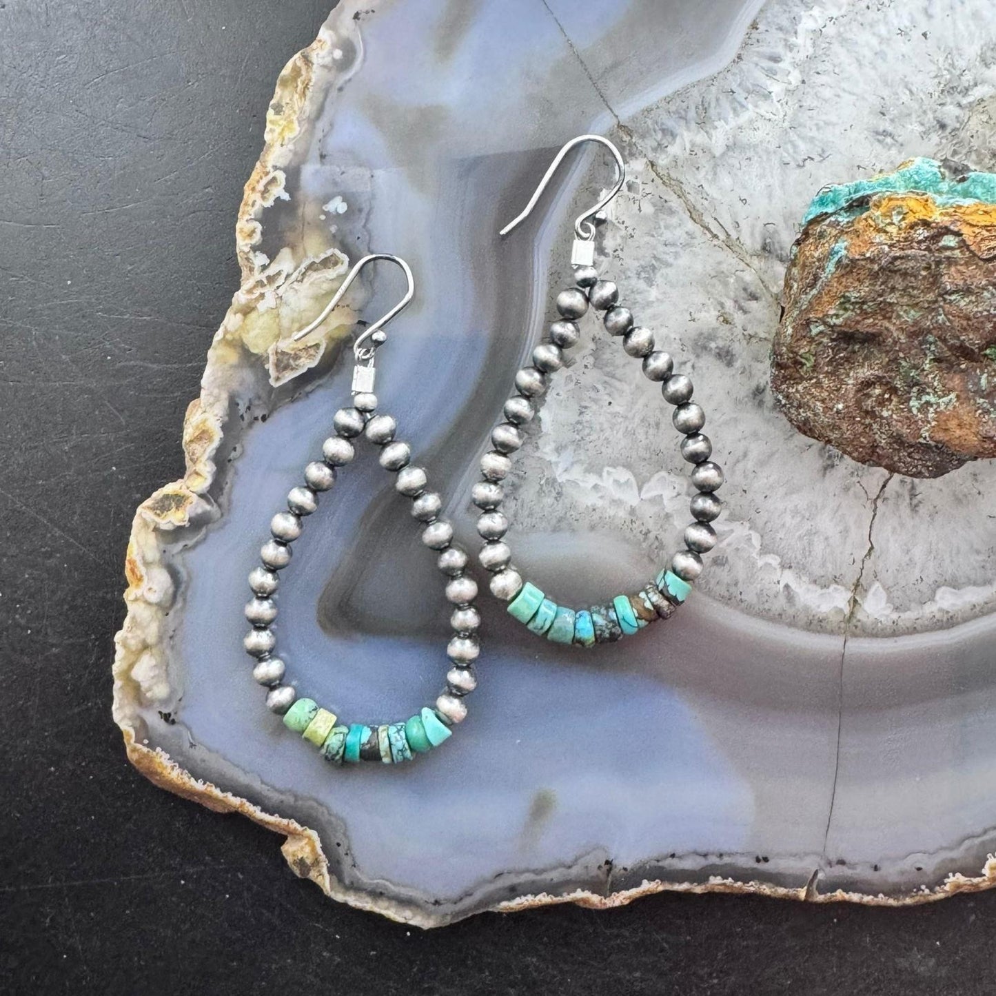 Sterling Silver Southwestern Style Navajo Pearl & Turquoise Bead Hoop Earrings For Women