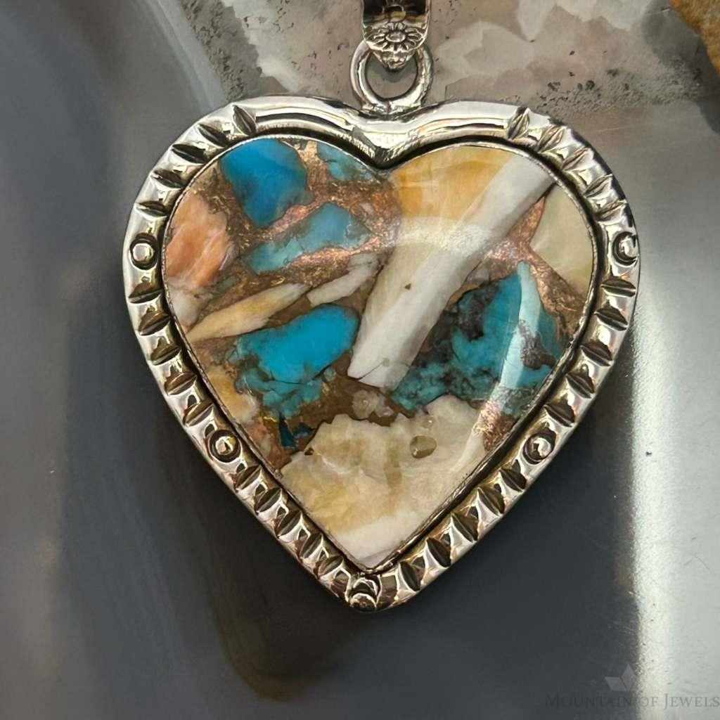 Sterling Silver Southwestern Style Turquoise Spiny Oyster Heart Pendant For Women #3