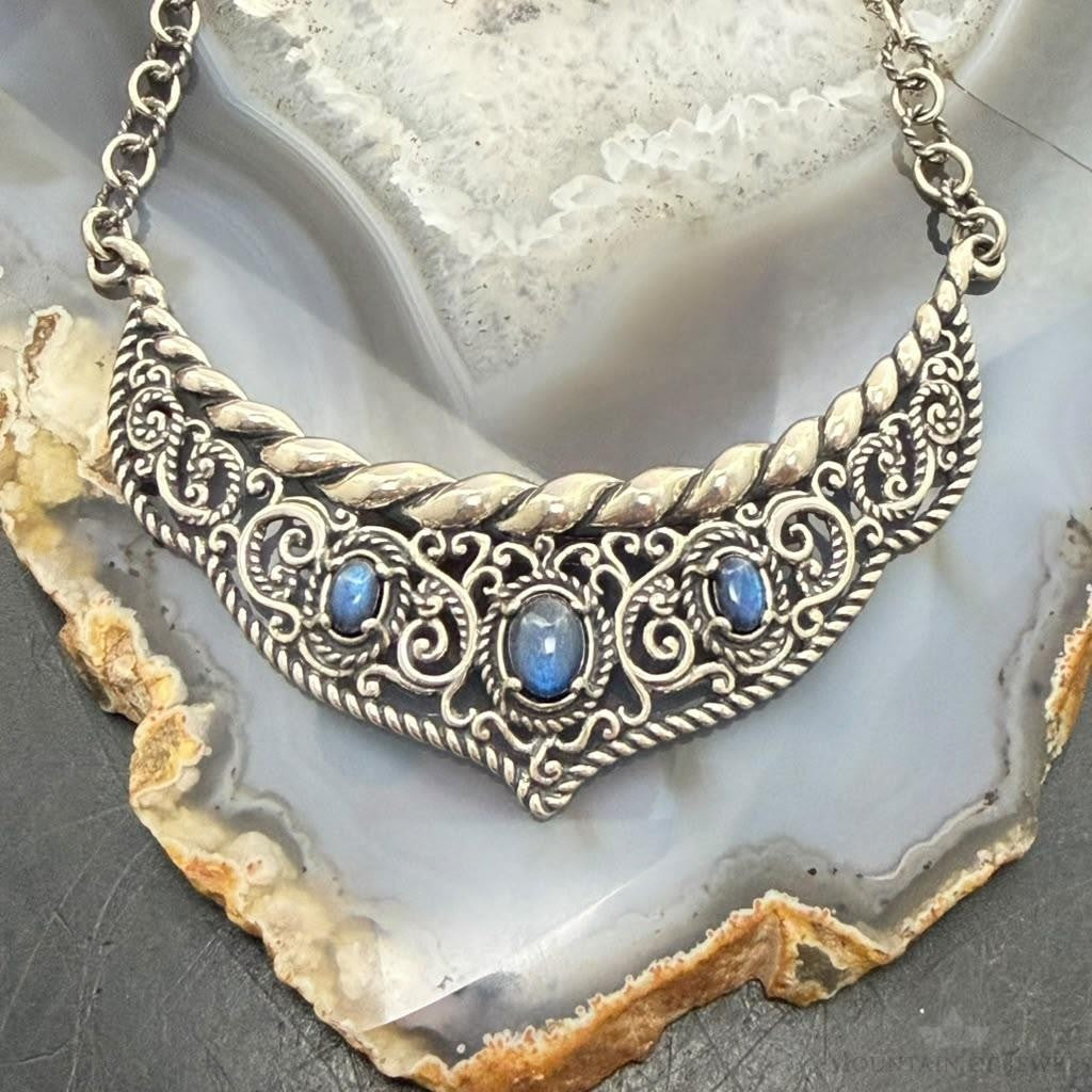 Carolyn Pollack Sterling Silver 3 Oval Labradorite 19" Swirl Decorated Necklace For Women