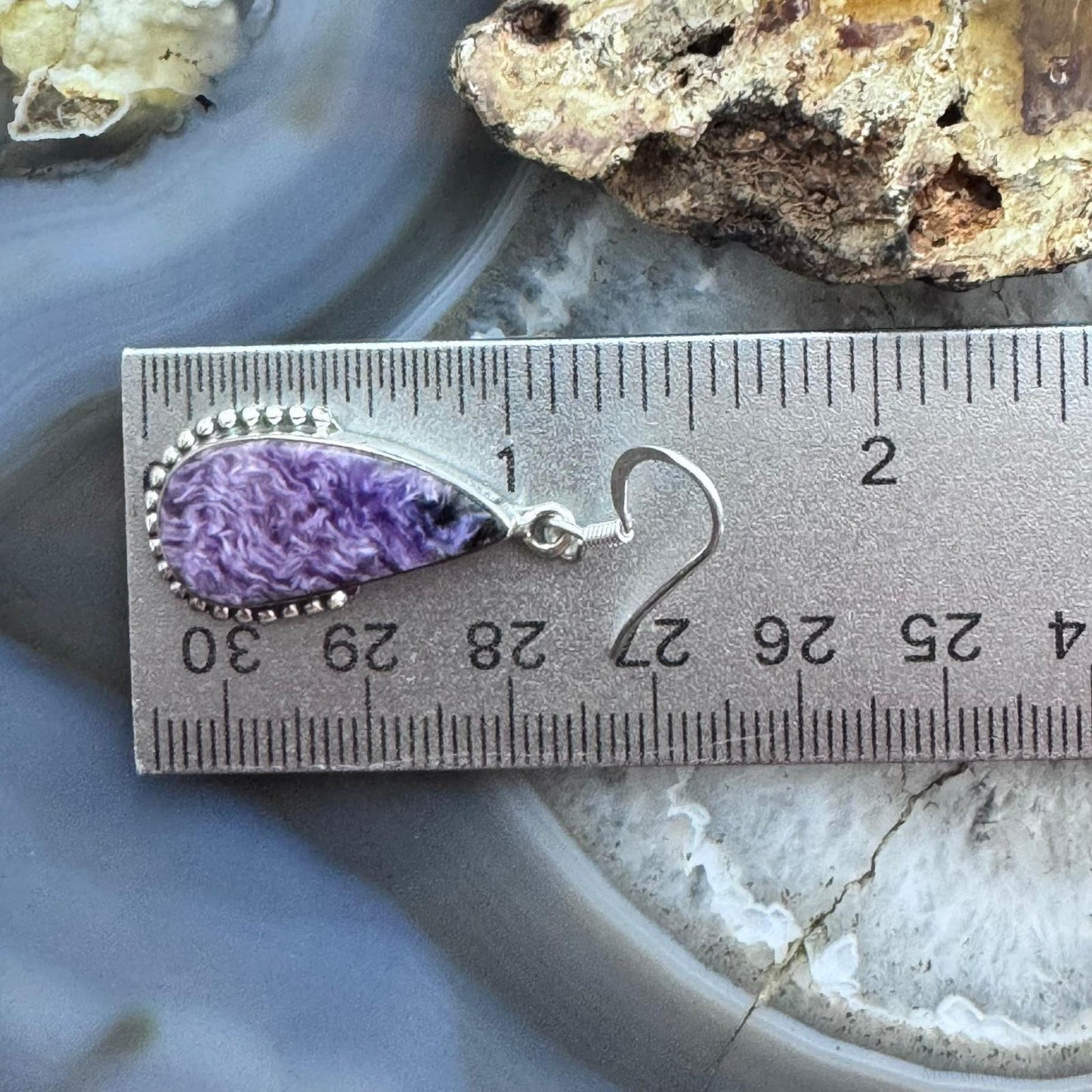 Sterling Silver Southwestern Style Teardrop Charoite Decorated Dangle Earrings For Women