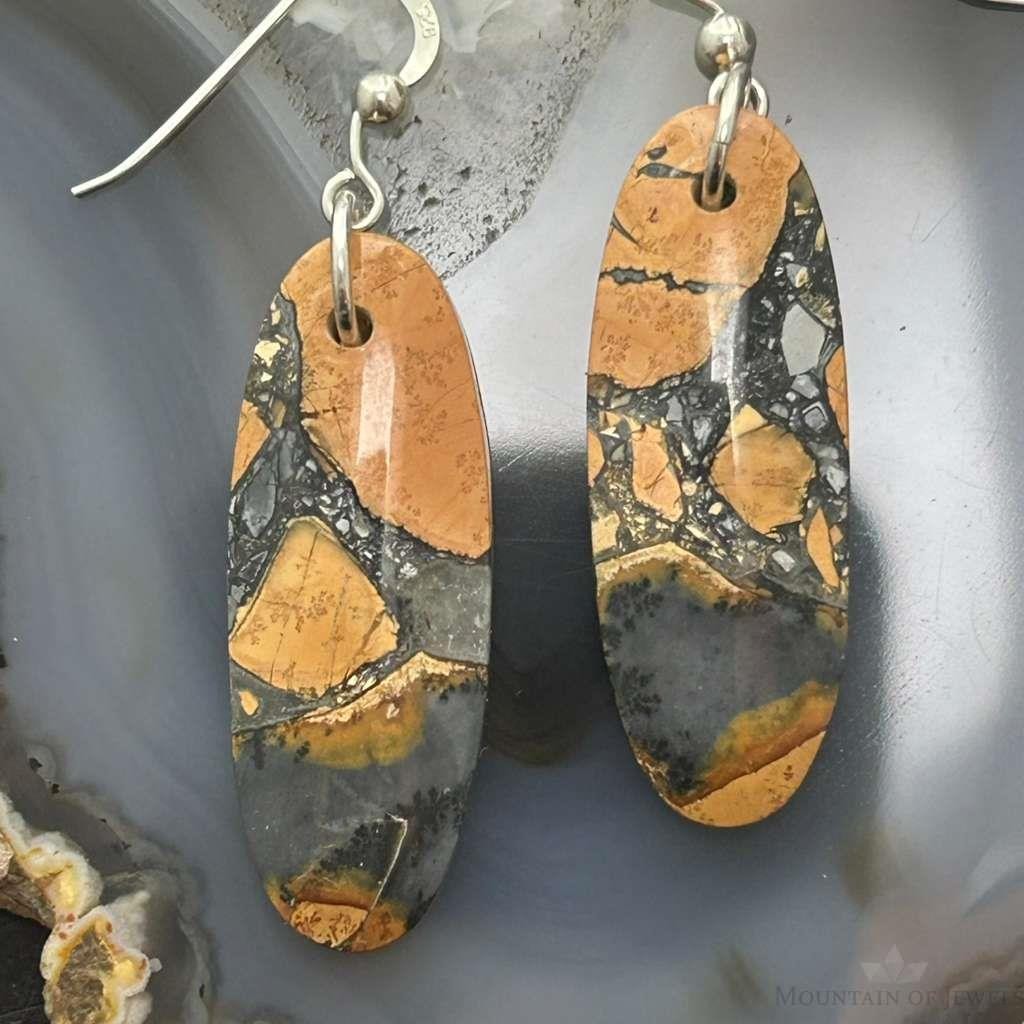 Sterling Silver Oval Maligano Jasper Slab Dangle Earrings For Women #532