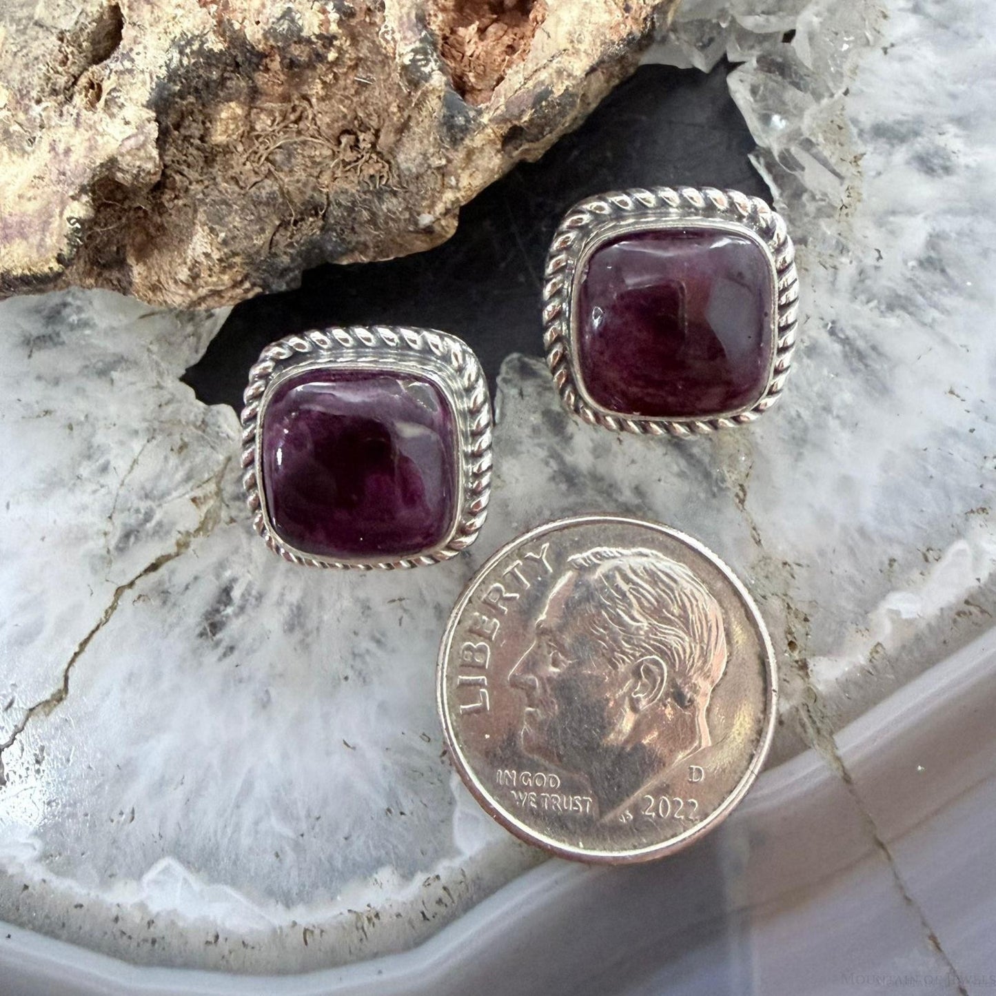 Native American Sterling Silver Square Purple Spiny Oyster Stud Earrings For Women