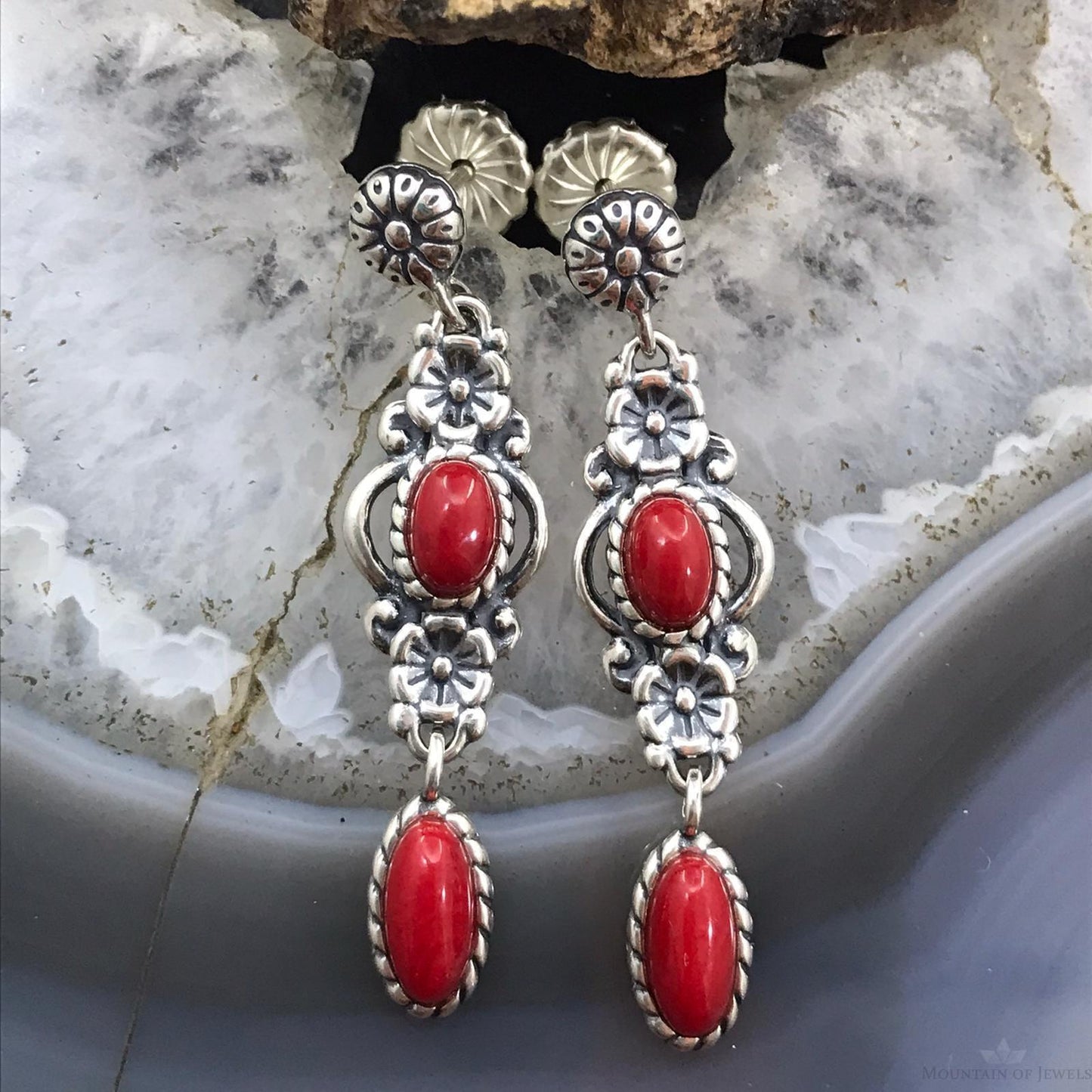 Carolyn Pollack Sterling Silver 4 Coral Decorated Dangle Earrings For Women