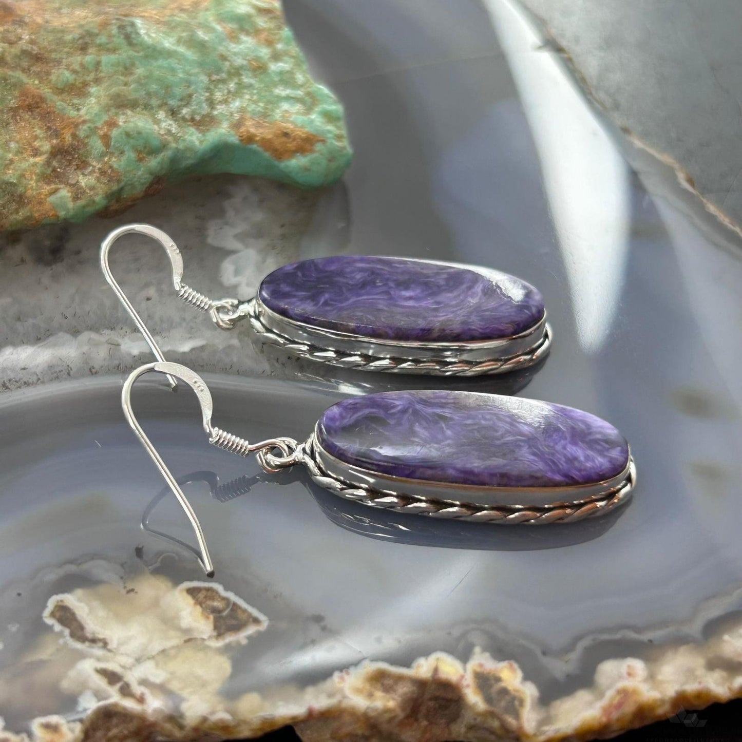 Sterling Silver Southwestern Style Oval Charoite Dangle Earrings For Women
