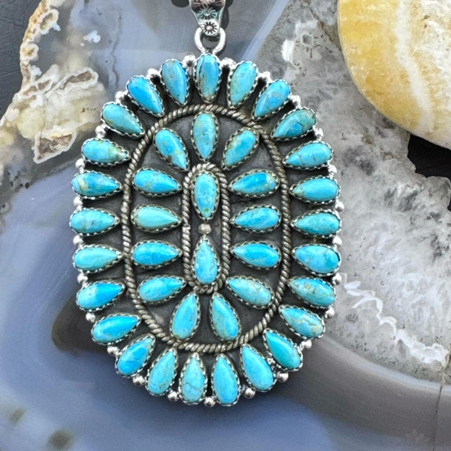 Sterling Silver Southwestern Style Turquoise Decorated Large Cluster Pendant For Women