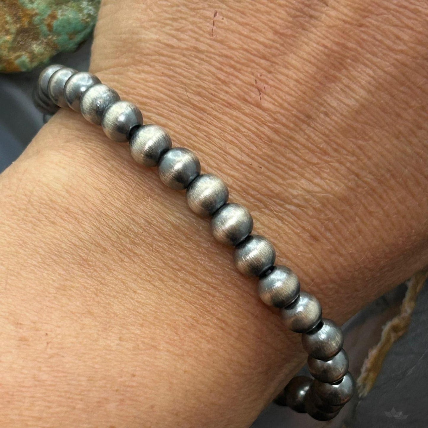 Sterling Silver 6mm Navajo Pearl Beads Stretch Bracelet For Women