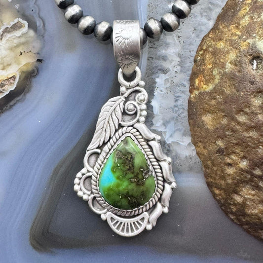 Sterling Silver Southwestern Style Teardrop Sonora Gold Turquoise Decorated Pendant For Women