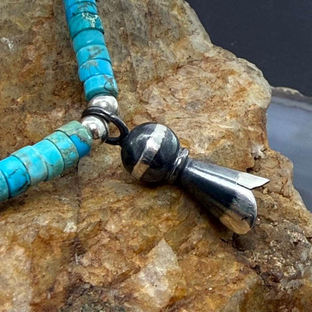 Sterling Silver Turquoise & Navajo Pearl Beads With Squash Blossom Necklace