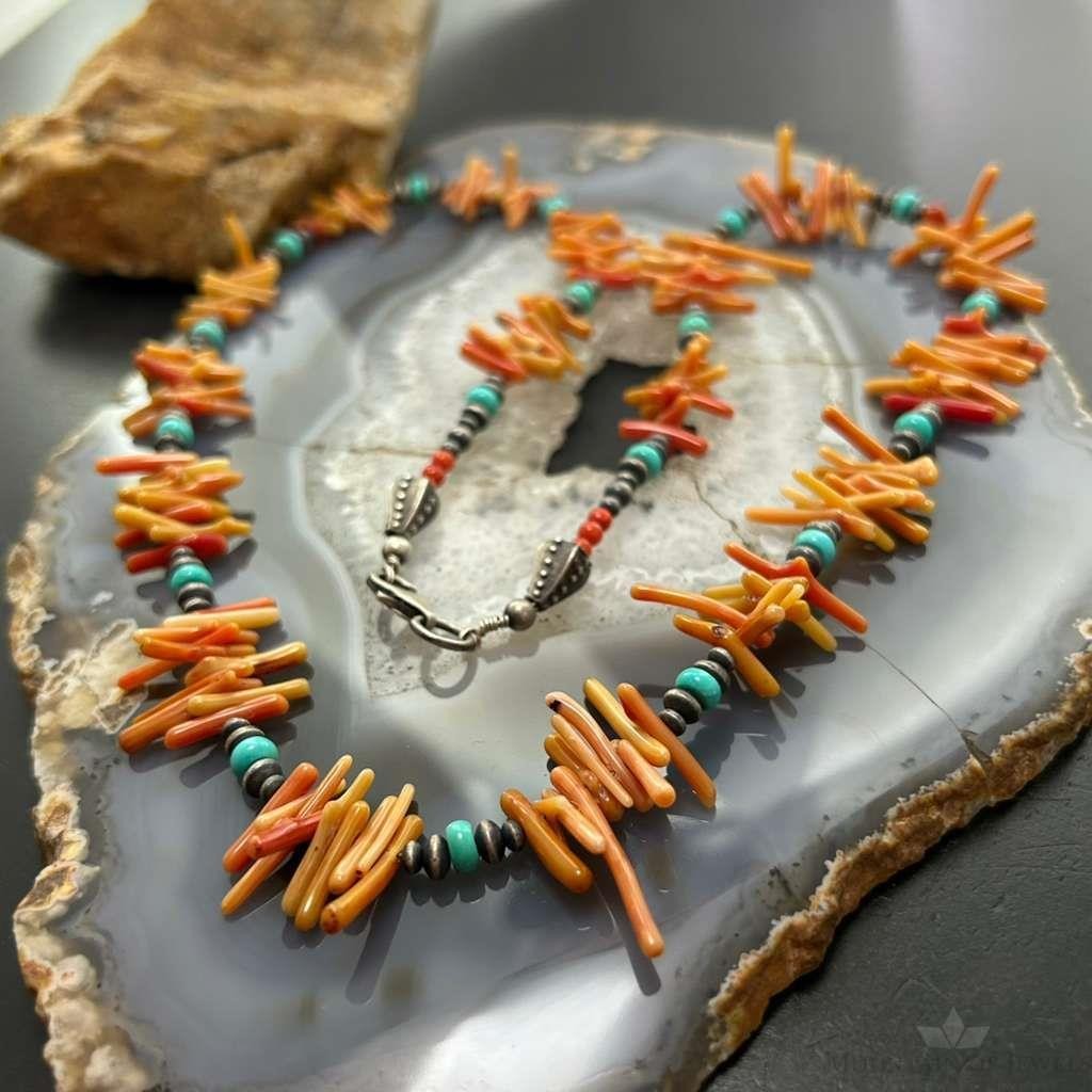 Native American Natural Coral, Turquoise Beads 24" Necklace For Women