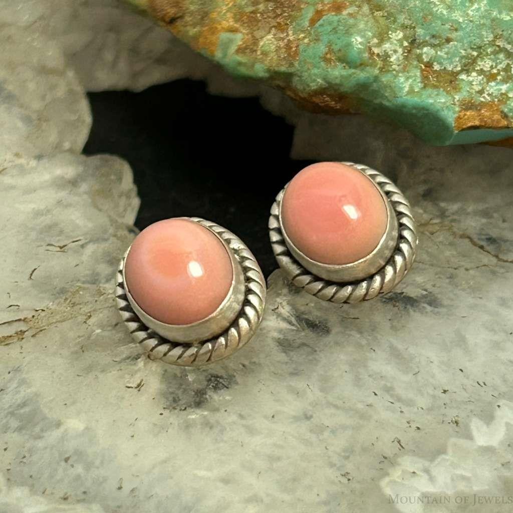 Sterling Silver Southwestern Style Oval Pink Conch Stud Earrings For Women