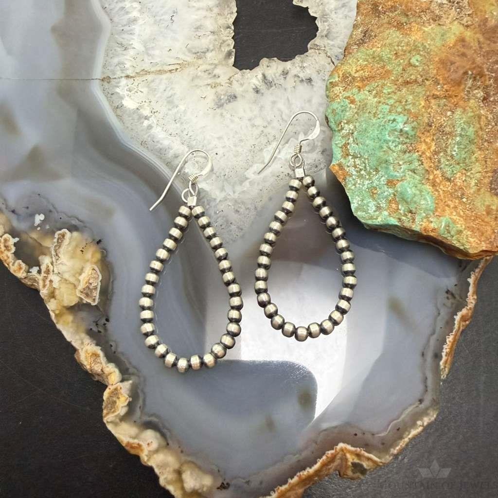 Sterling Silver Southwestern Style 3mm Navajo Pearl Bead Hoop Earrings For Women