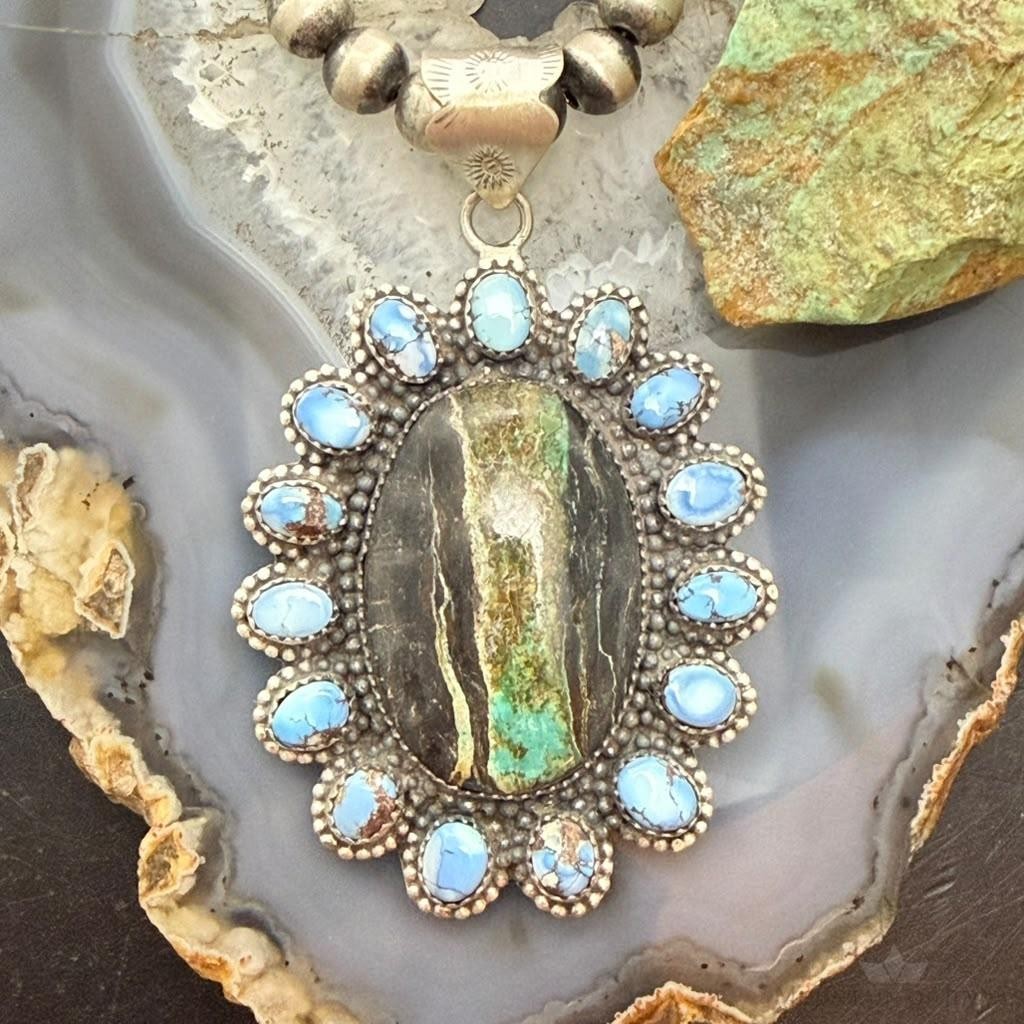 Sterling Silver Southwestern Style Blackjack &Golden Hill Turquoise Cluster Pendant For Women