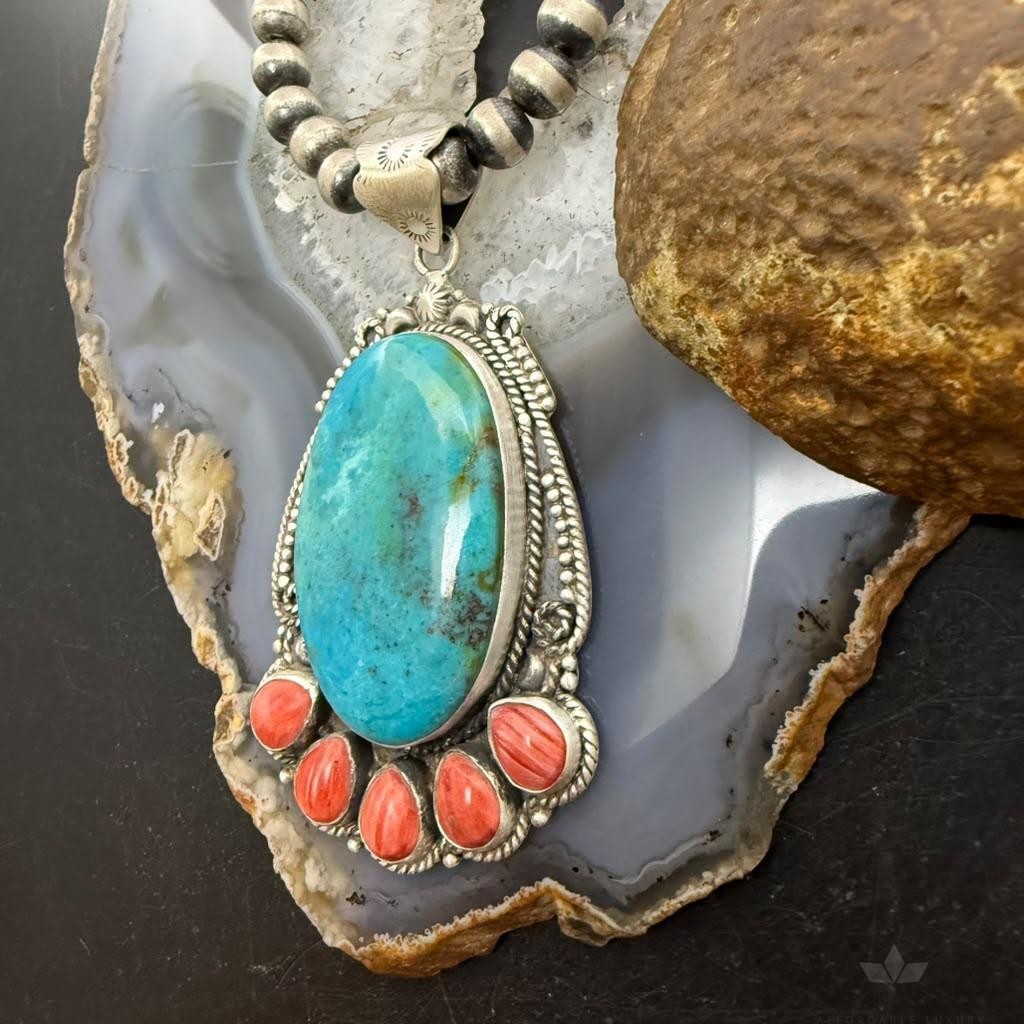 Sterling Silver Southwestern Style Oval Turquoise & Spiny Oyster Decorated Pendant