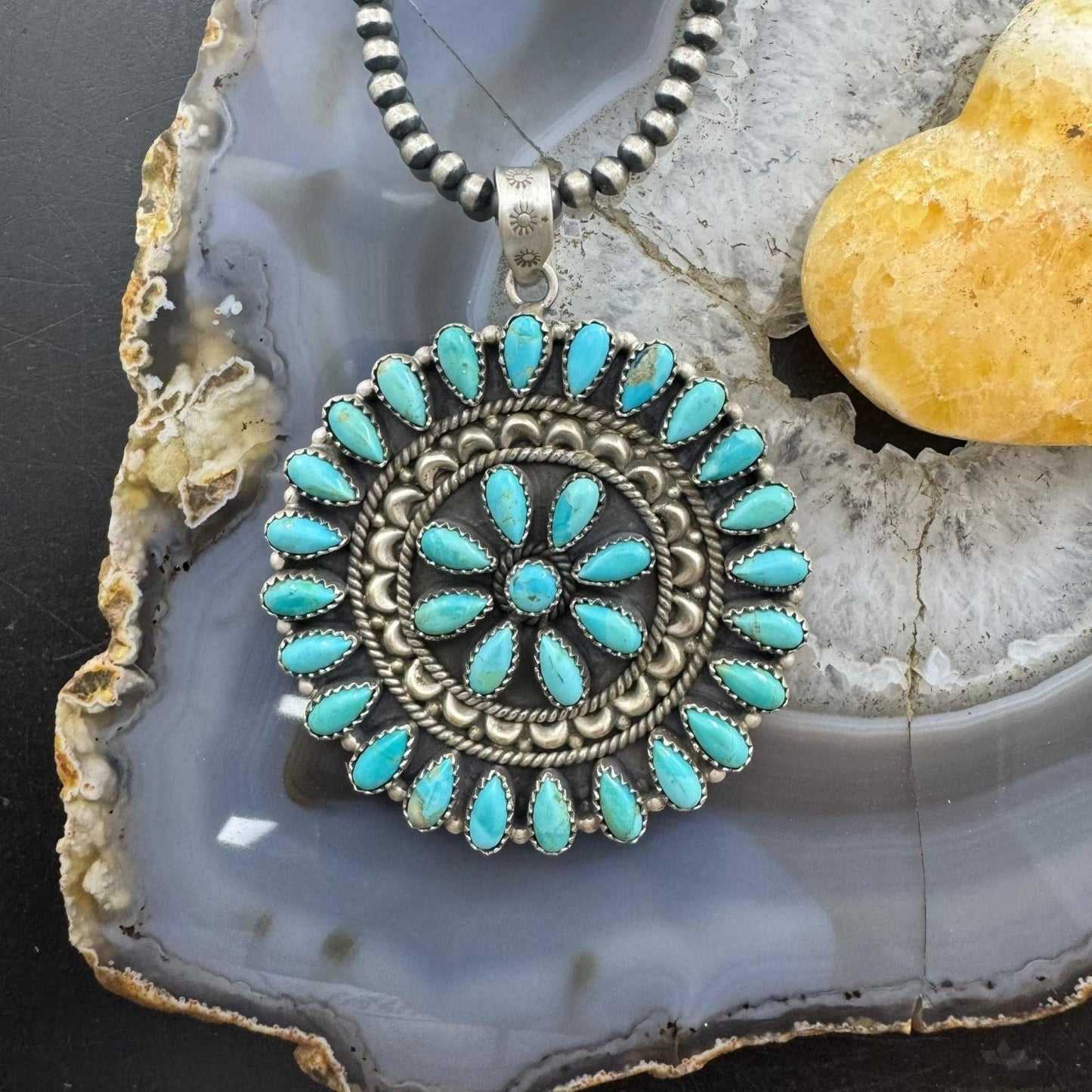 Southwestern Style Sterling Silver Turquoise Decorated Round Cluster Pendant For Women