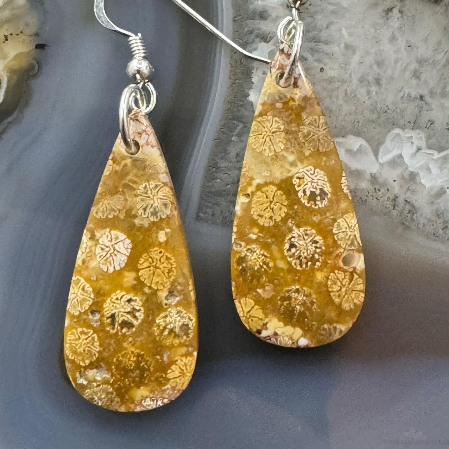 Sterling Silver Teardrop Fossilized Jasper Slab Dangle Earrings For Women #193