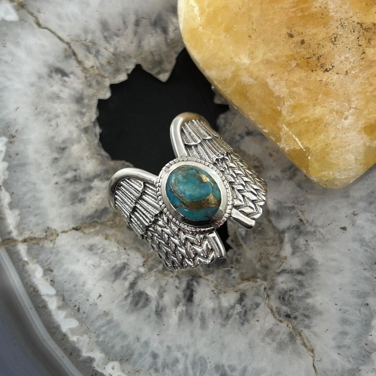 Sterling Silver Southwestern Style Copper Turquoise Unisex Wing Ring Size 9