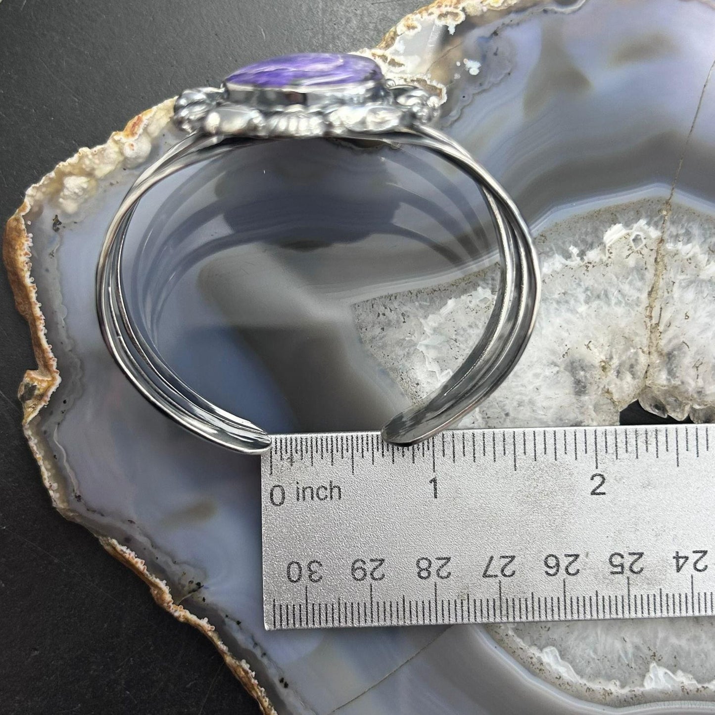 Sterling Silver Southwestern Style Large Teardrop Charoite Decorated Bracelet For Women