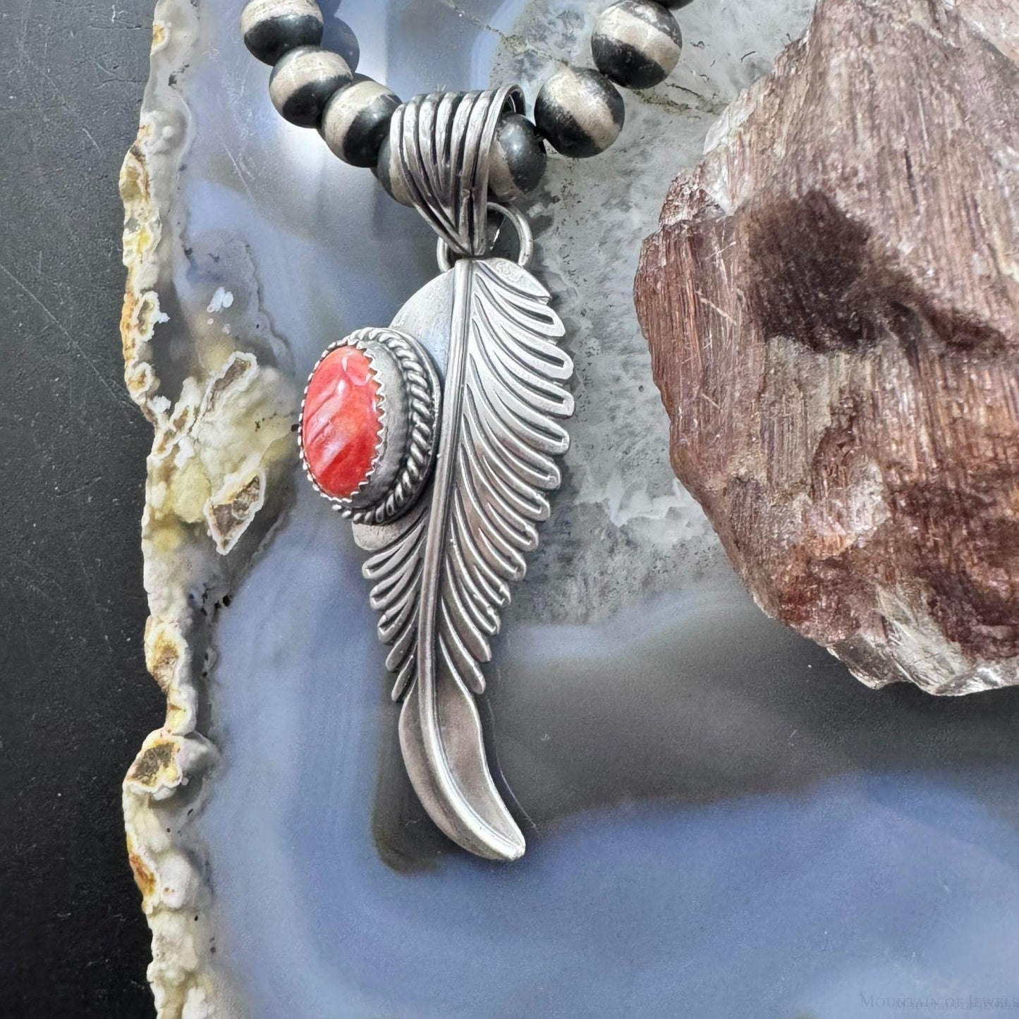 Native American Sterling Silver Orange Spiny Oyster Feather Pendant For Women