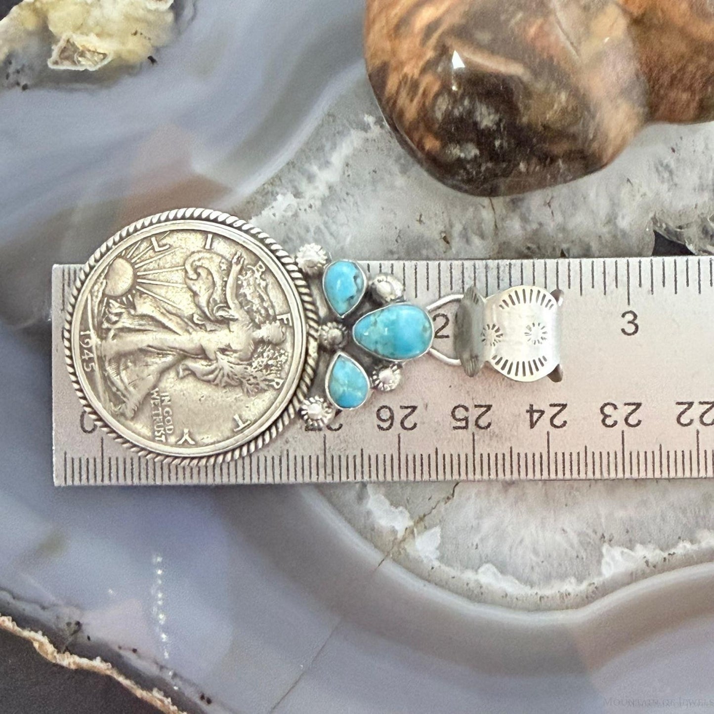 Genuine 1945 90% Walking Liberty Half Dollar Coin Turquoise Decorated Pendant