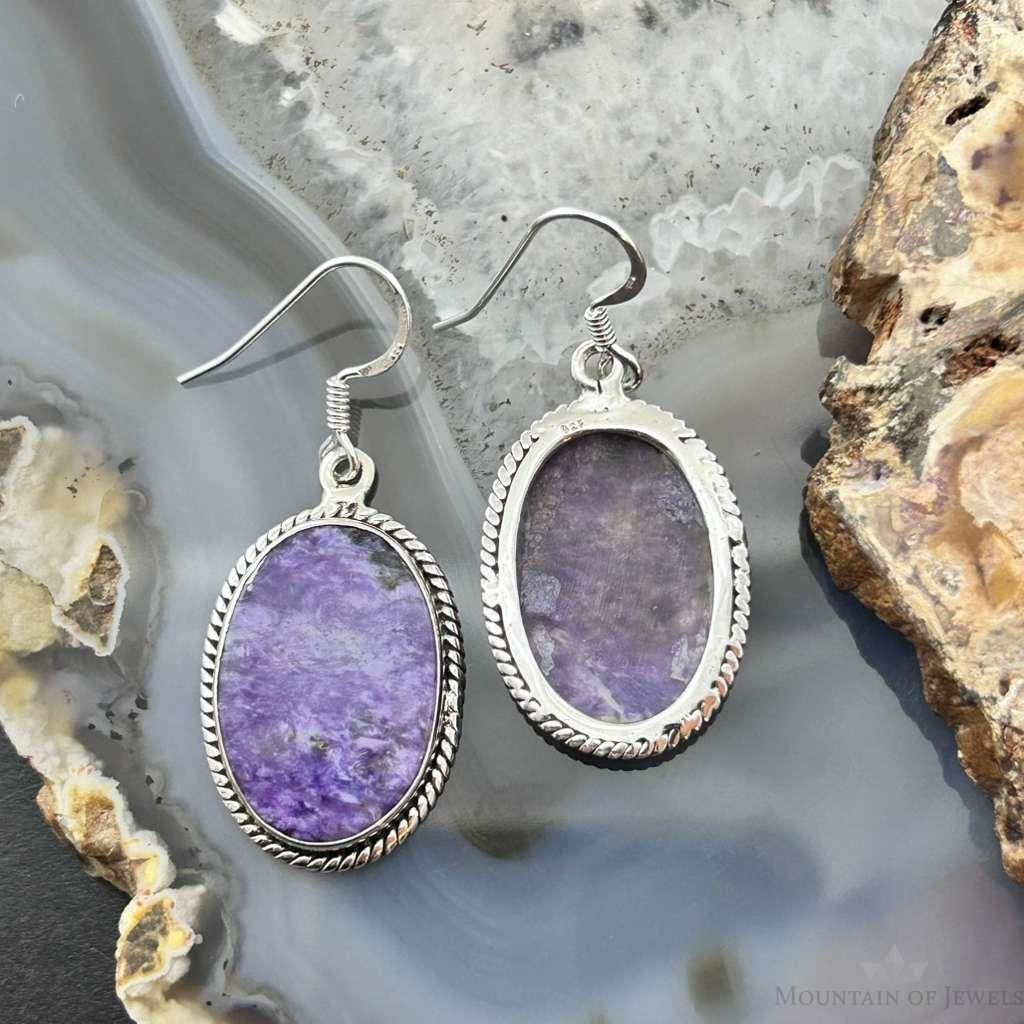 Sterling Silver Southwestern Style Oval Charoite Dangle Earrings For Women
