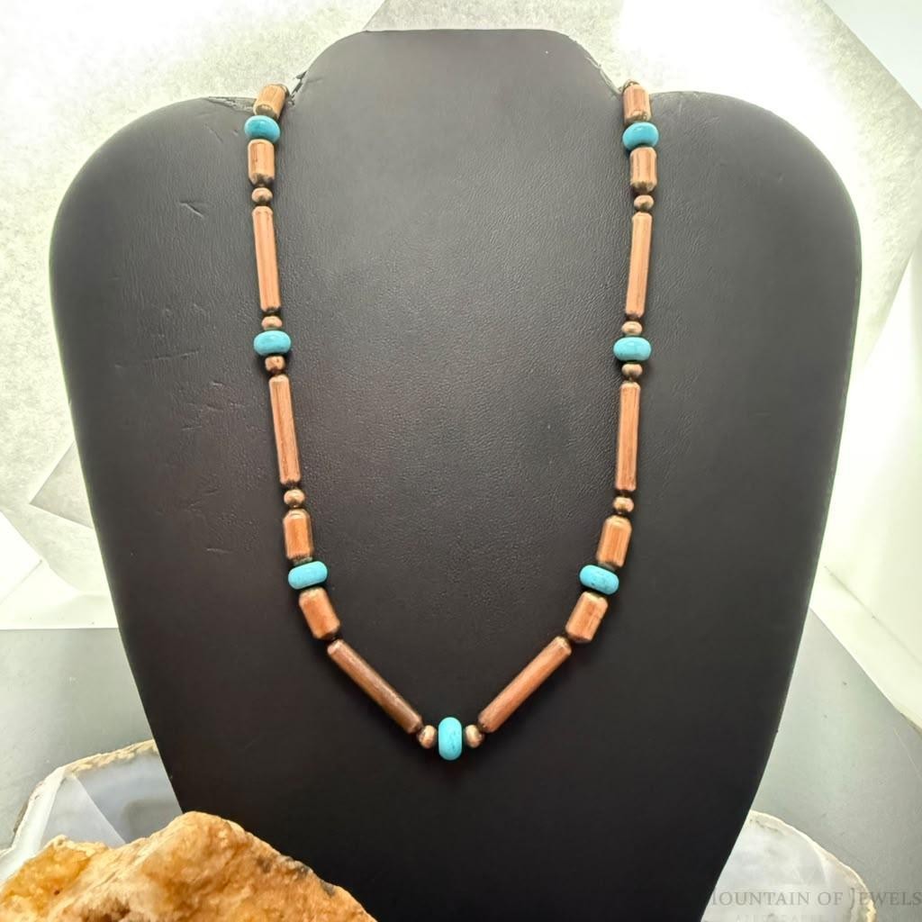 Southwestern Style 5-6mm Copper Navajo Pearl Round & Cylinder w/Royal Beauty Turquoise 20" Necklace For Women