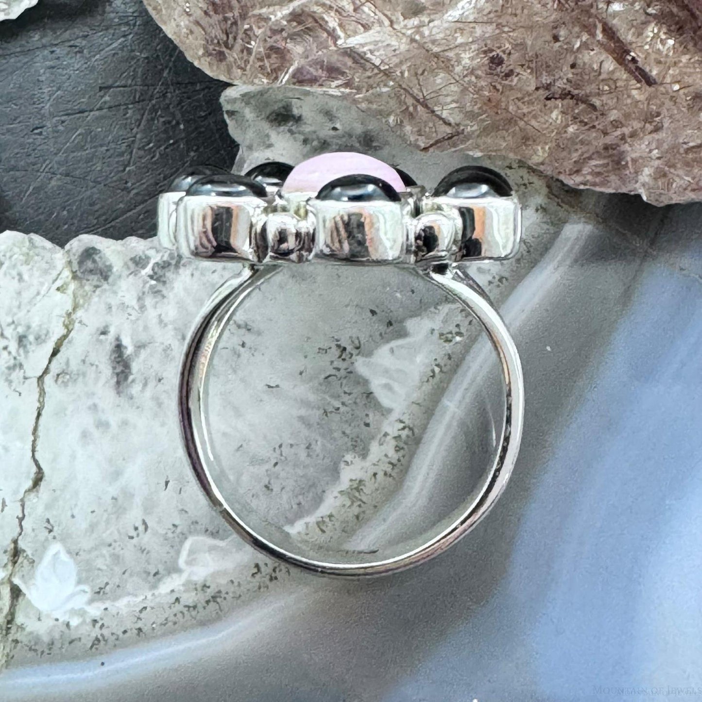 Native American Sterling Silver Pink Conch & Onyx Cluster Ring Size 8.5 For Women