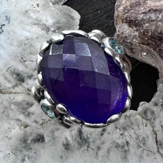 Carolyn Pollack Sterling Silver Faceted Amethyst/2 Blue Topaz Decorated Ring For Women