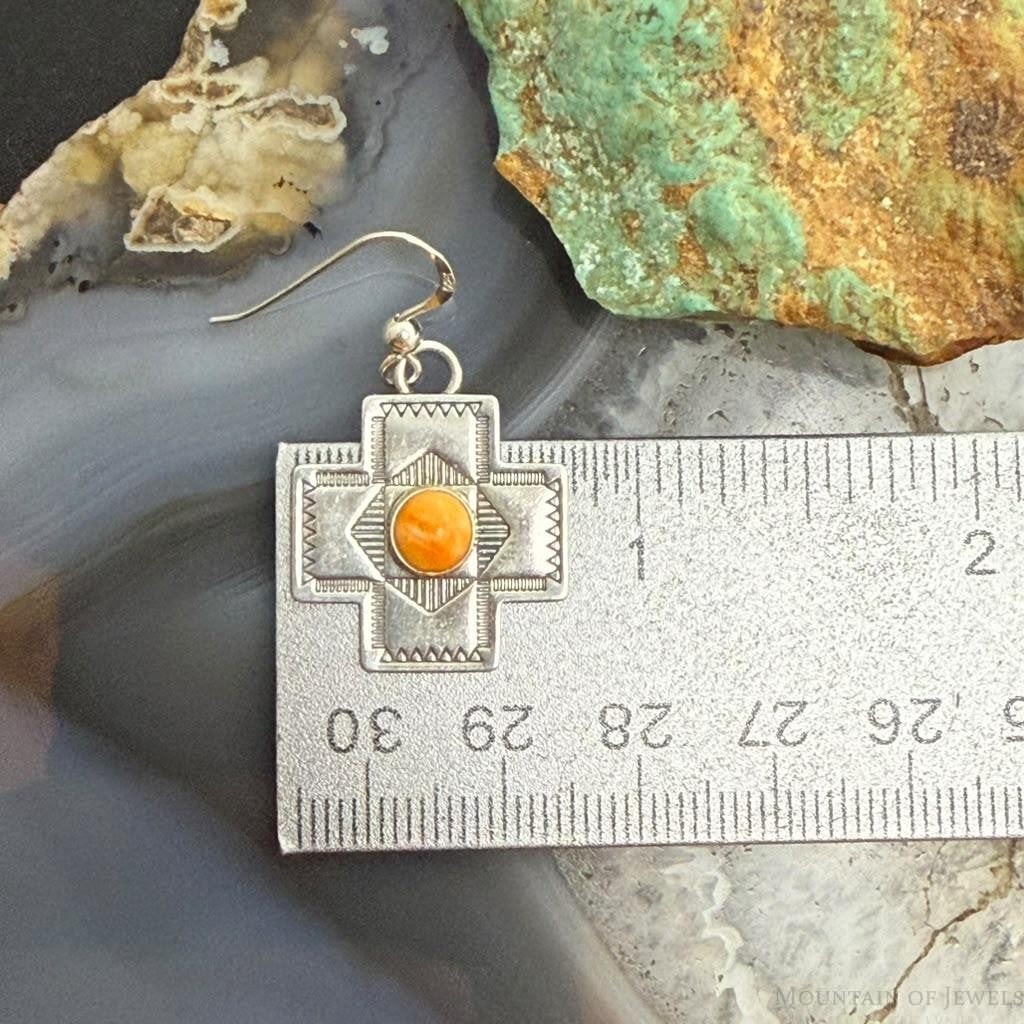 Vintage Signed Sterling Silver Spiny Oyster Stamped Cross Dangle Earrings For Women