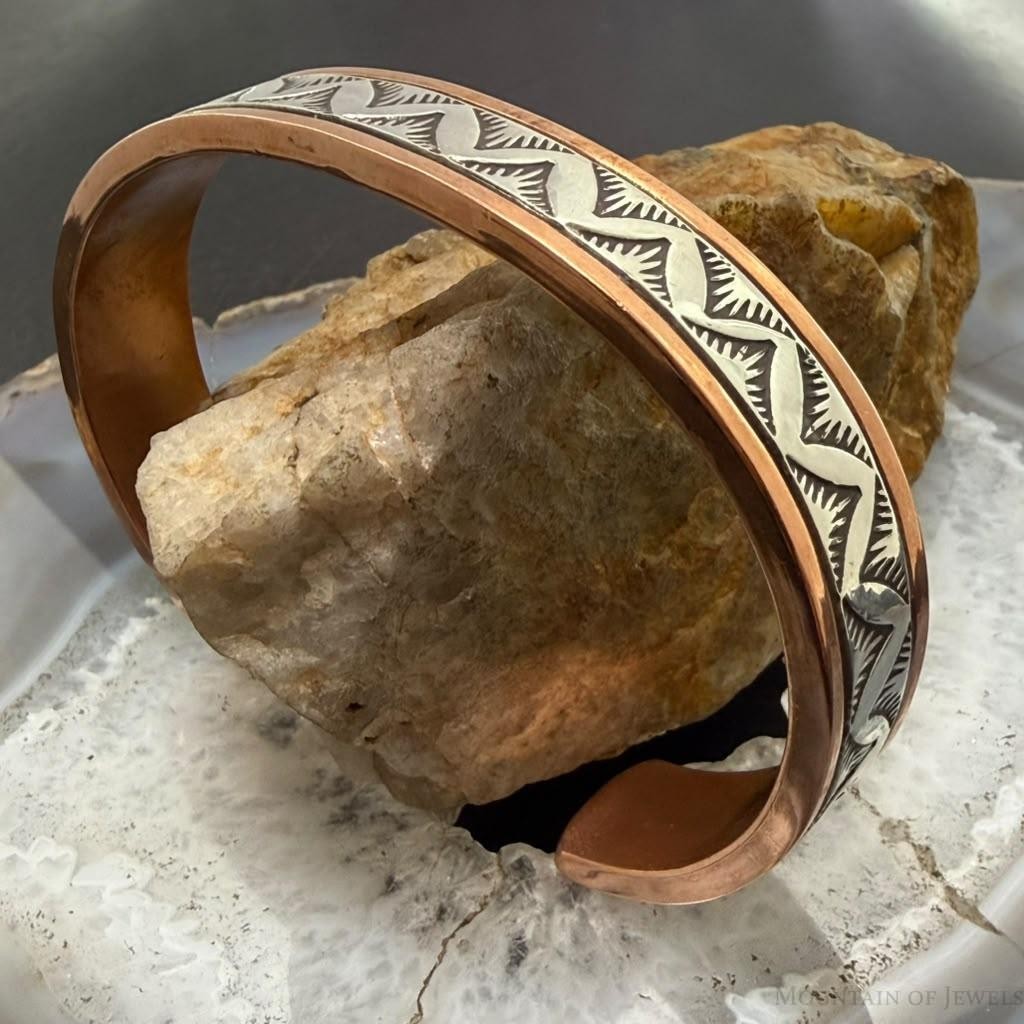 Wylie Secatero Navajo Sterling Silver & Copper Stamped Bracelet For Men #6