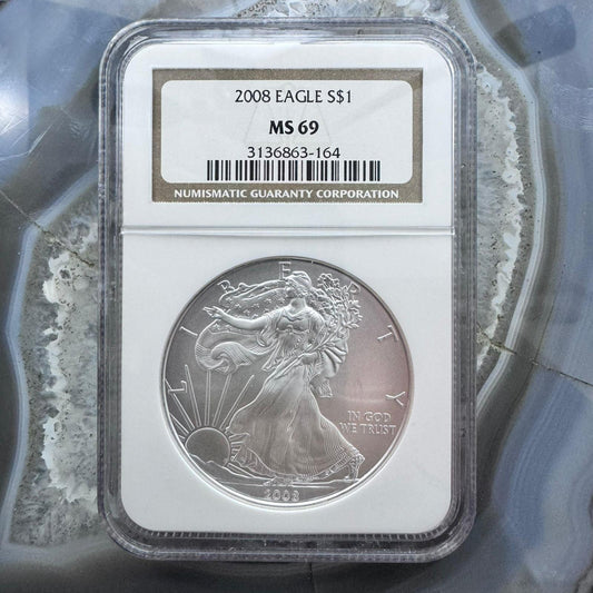 2008 US 1.0oz .999 Fine Silver American Silver Eagle NGC MS69 #3136863-164EX