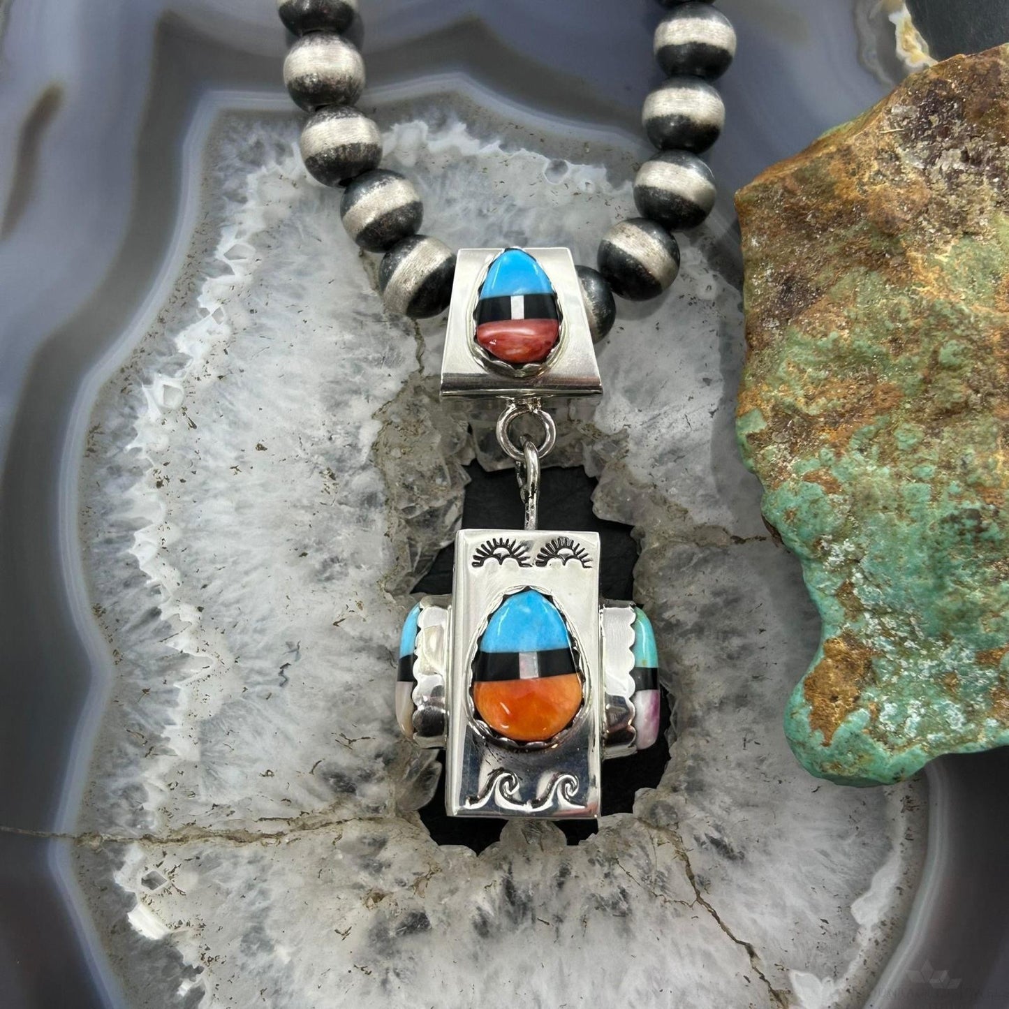 Cliffton Aguilar Santo Domingo Sterling Silver Decorated Multistone Rectangular Pendant