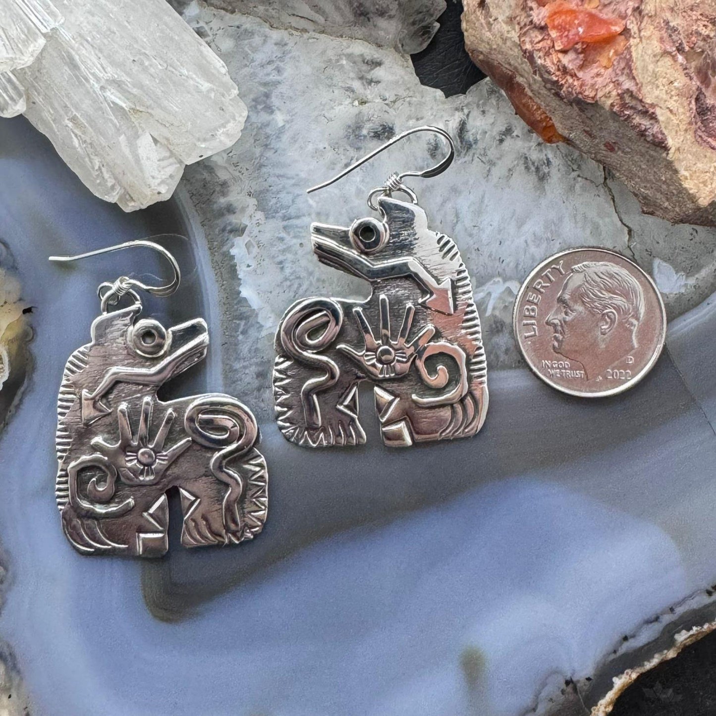 Brad Panteah Sterling Silver Spirit Bear w/Petroglyph Symbols Dangle Earrings For Women