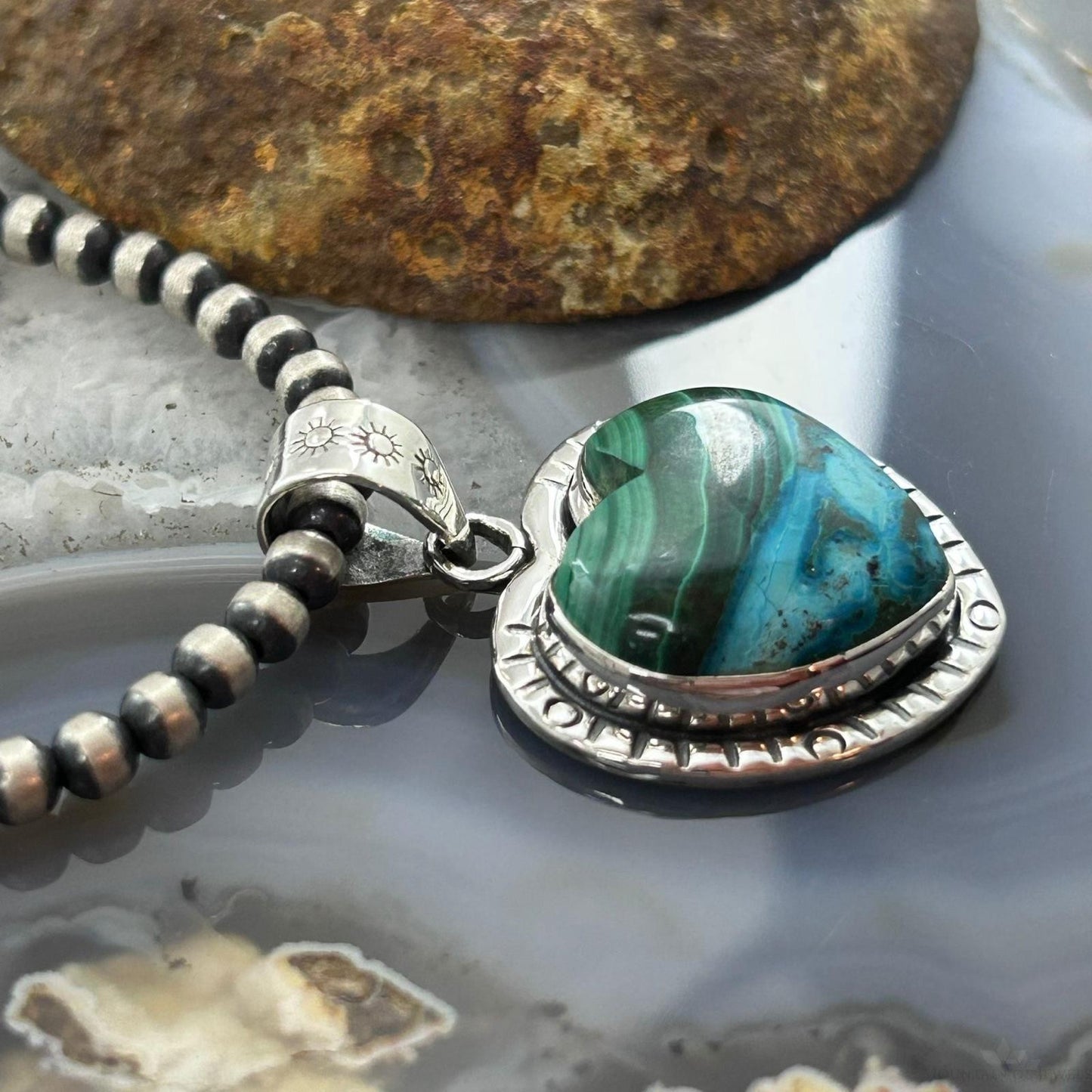 Sterling Silver Southwestern Style Azurite Malachite Heart Pendant For Women