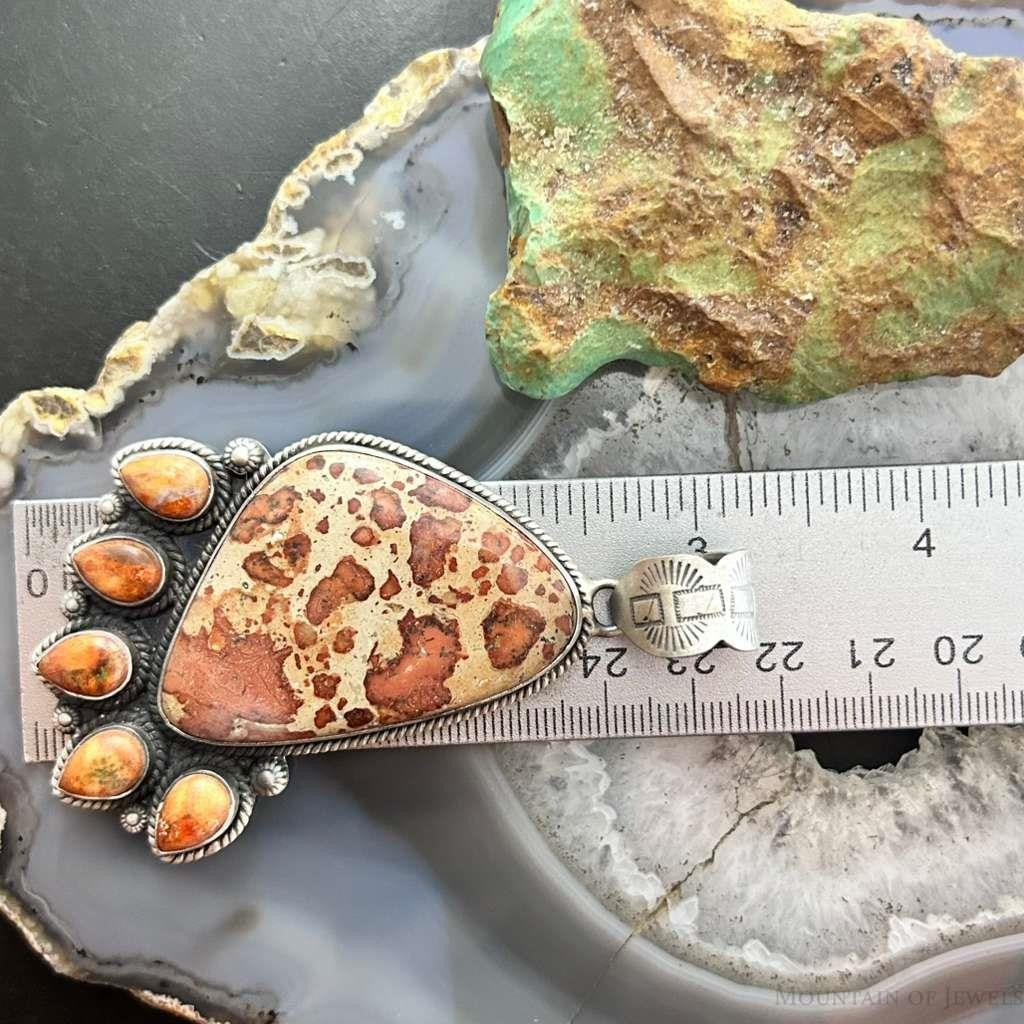 Sterling Silver Southwestern Style Picture Jasper & Spiny Oyster Pendant For Women