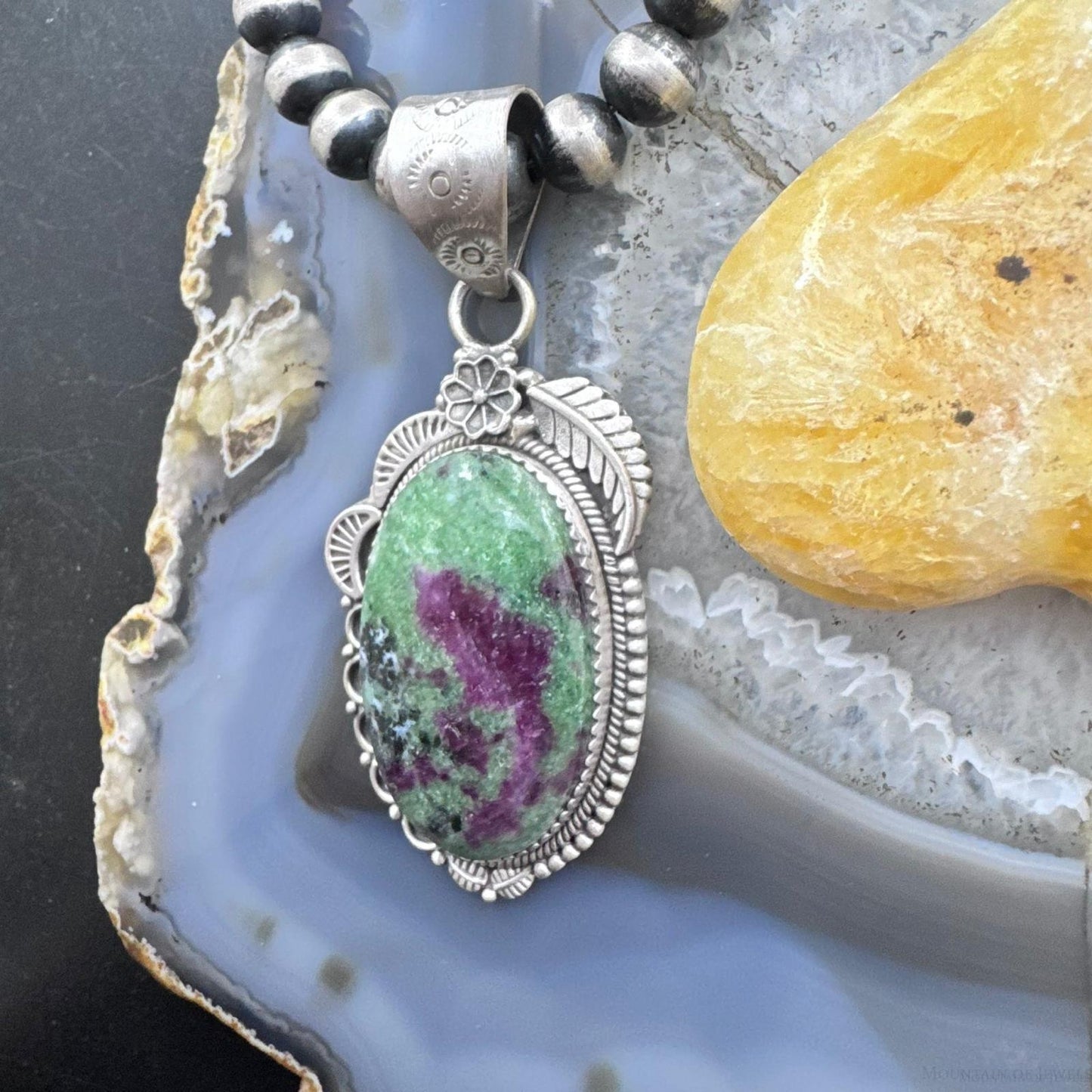 Sterling Silver Southwestern Style Elongated Oval Ruby Zoisite Decorated Pendant For Women