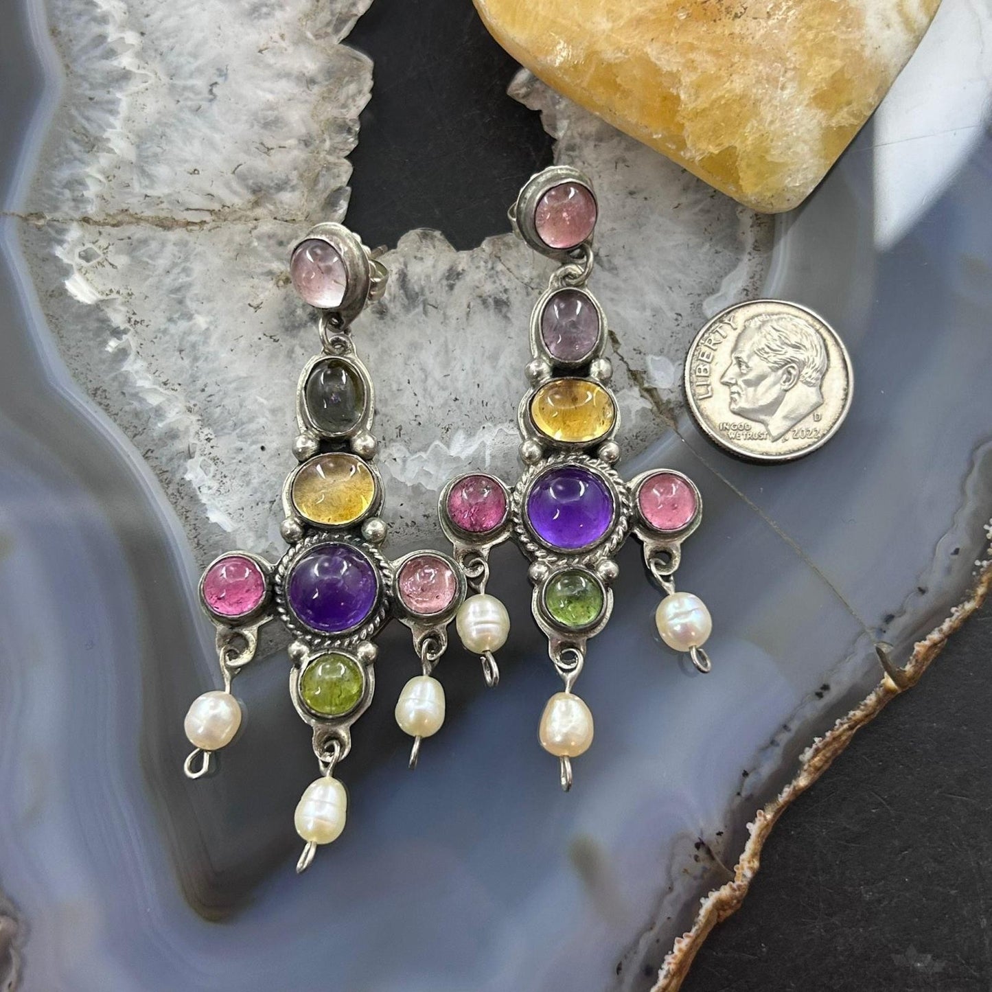 Ron Wesley Silver Southwestern Style Multi Gemstone Dangle Earrings For Women