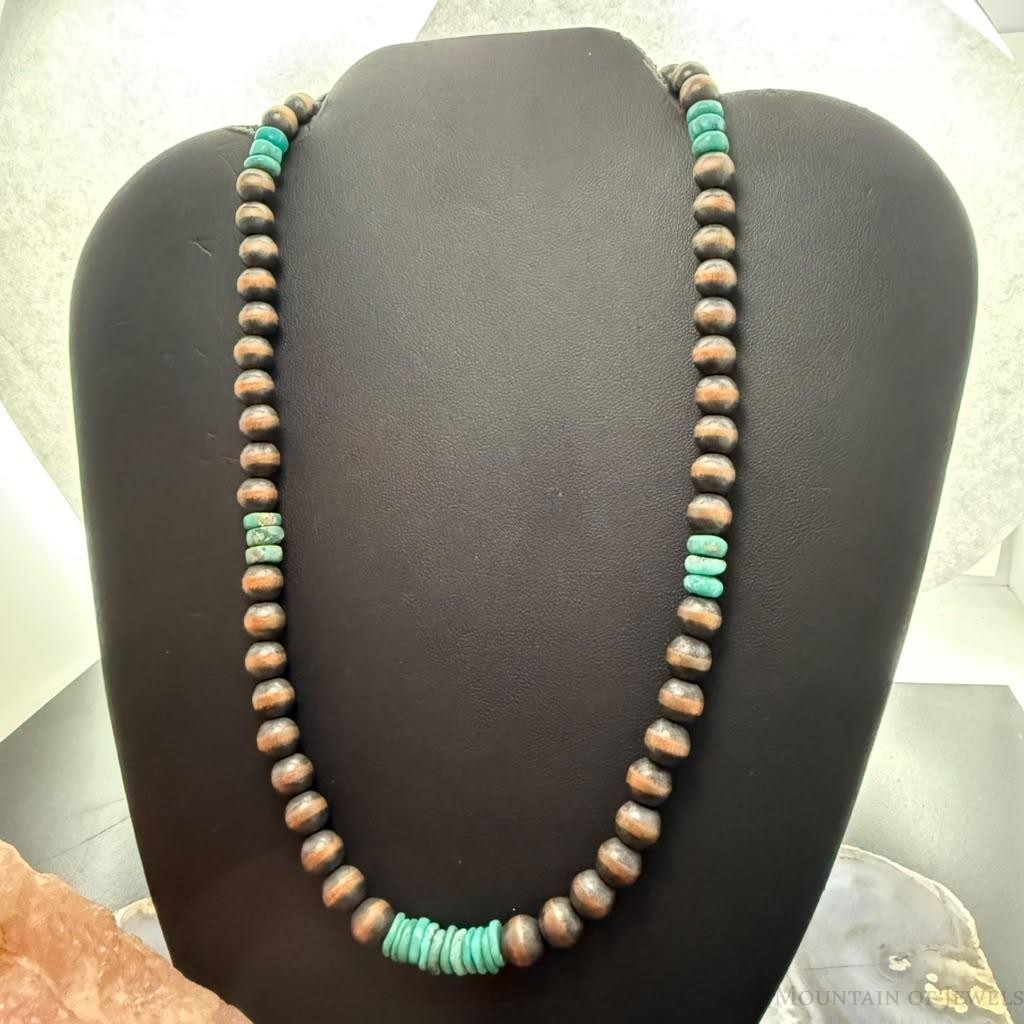 Southwestern Style Copper 8mm Navajo Pearl Beades & Turquoise 18"-20" Necklace For Women