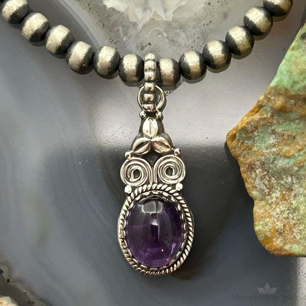 Sterling Silver Southwestern Style Oval Amethyst Decorated Charm/Pendant For Women
