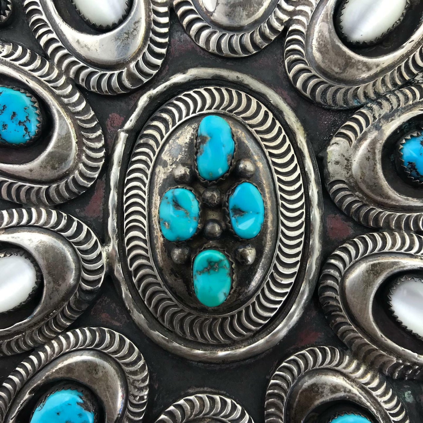 Heavy Silver Belt Buckle Turquoise Mother of Pearl and Onyx Oval Belt Buckle