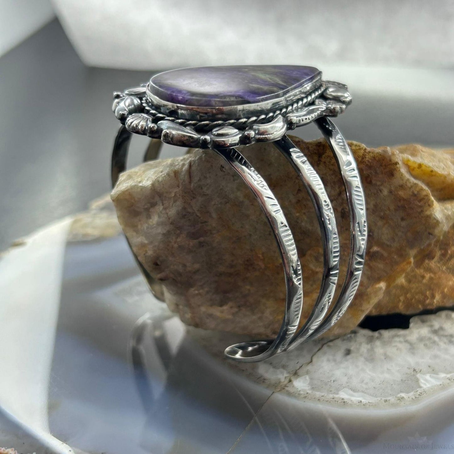Sterling Silver Southwestern Style Large Teardrop Charoite Bracelet For Women