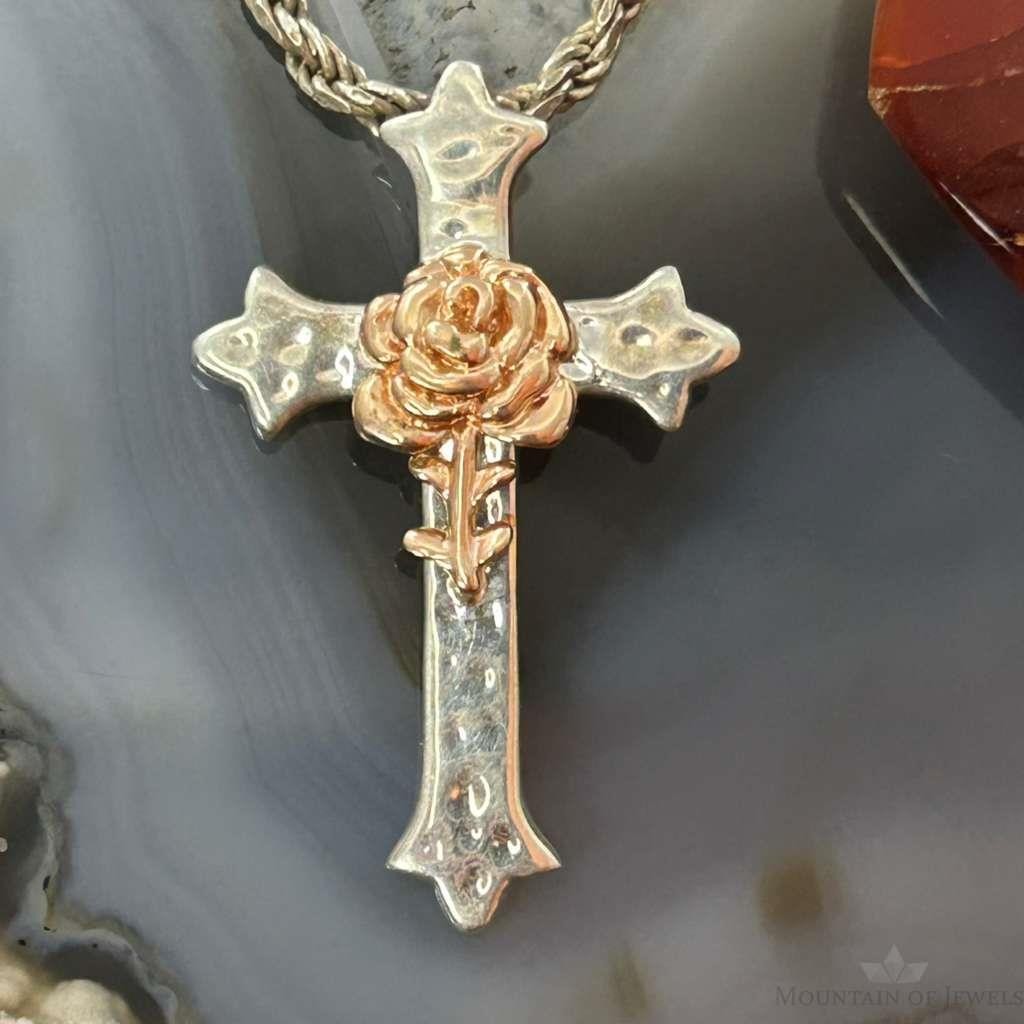Sterling Silver Hammered Decorated Cross Pendant with Copper Rose For Women