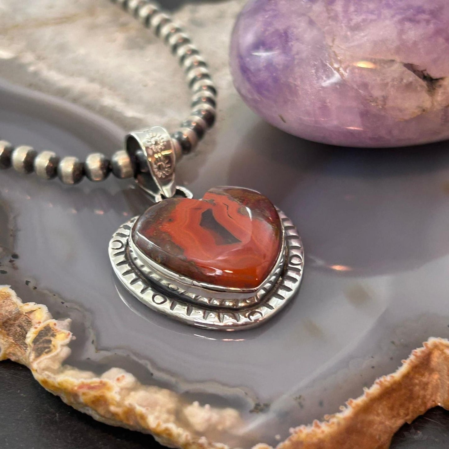 Sterling Silver Southwestern Style Seam Agate Heart Decorated Pendant For Women