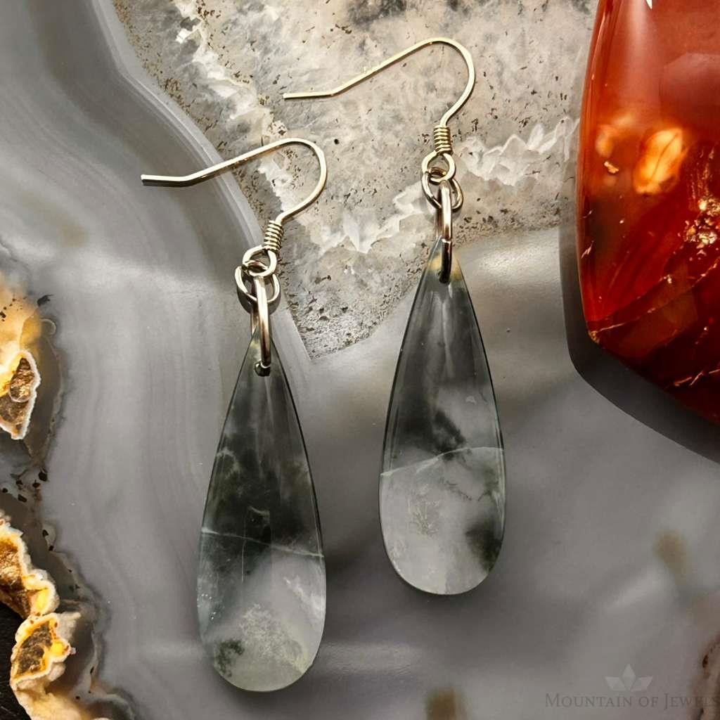 Sterling Silver Elongated Teardrop Moss Agate Slab Dangle Earrings For Women #328