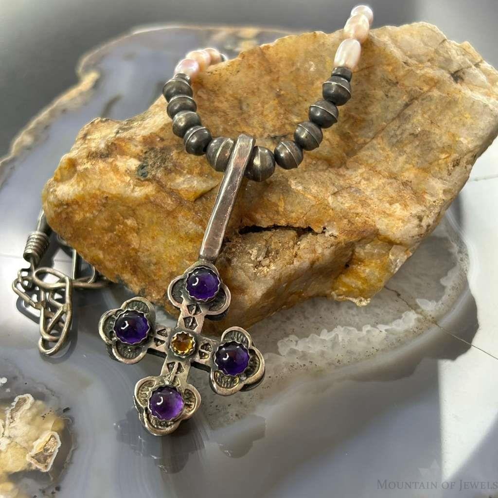 Vintage Silver Peridot, Ametyst Double Sided Cross Silver &MOPNecklace For Women