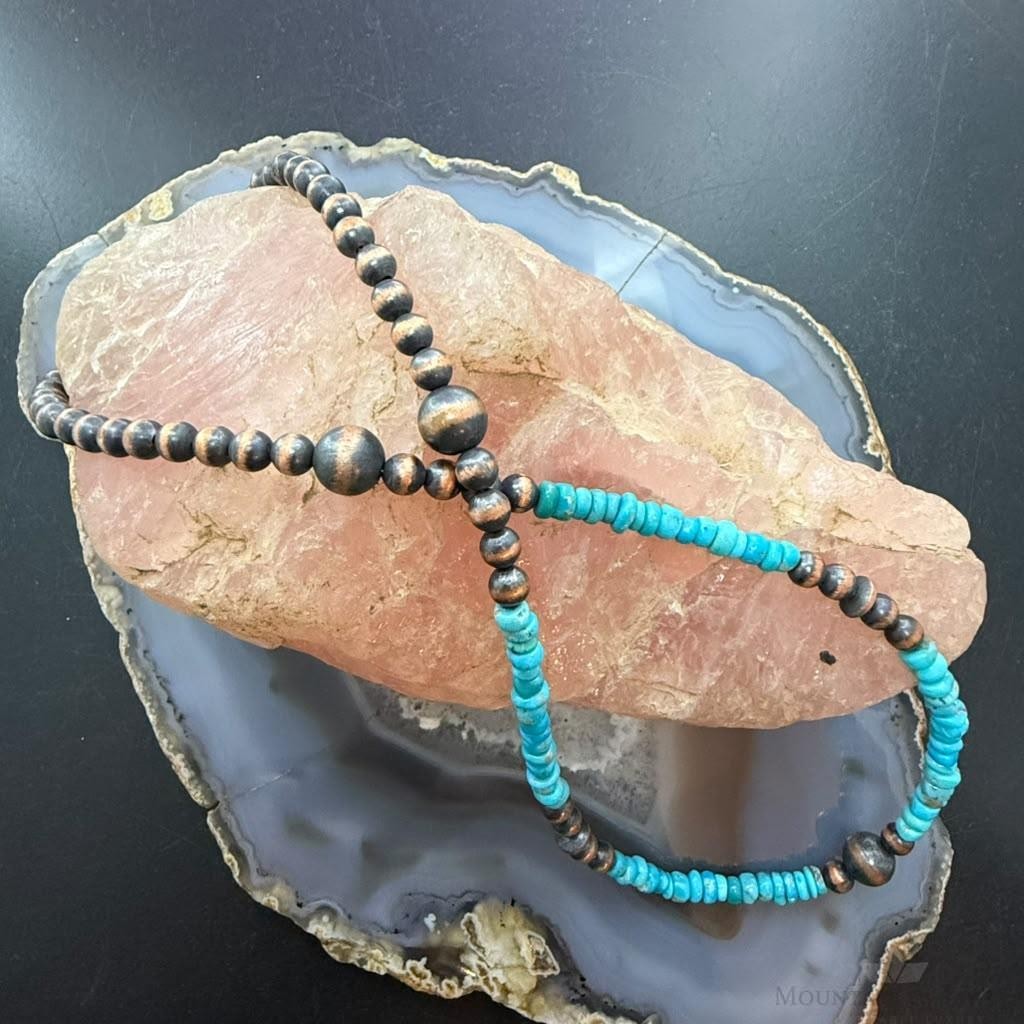 Southwestern Style 5-8.5mm Copper Navajo Pearl Round &Turquoise 18"-21" Necklace For Women