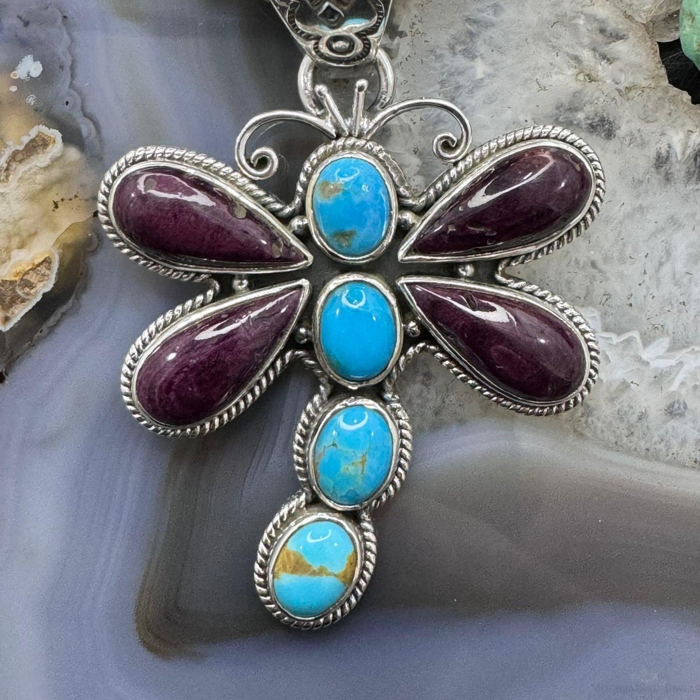 Native American Sterling Silver Turquoise & Spiny Oyster Dragonfly Pendant For Women