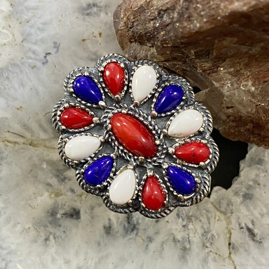 Carolyn Pollack Southwestern Style Sterling Silver Red Coral, White Agate, Lapis Cluster Ring For Women