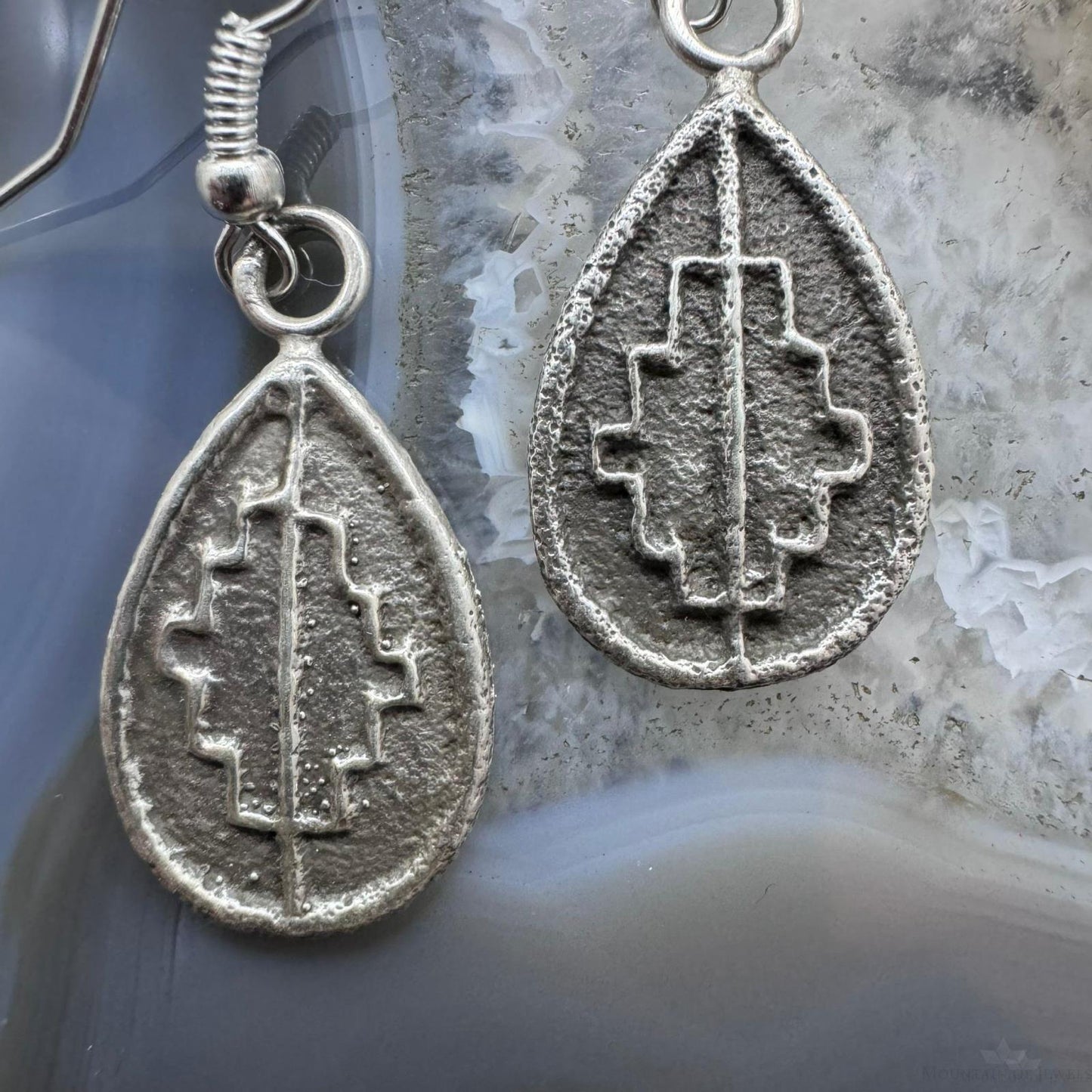 Joel Pajarito Sterling  Silver Teardrop Tufa Cast Rug Design Dangle Earrings For Women