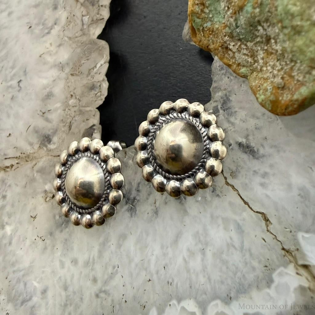 Native American Sterling Silver Round Dome Decorated Stud Earrings For Women