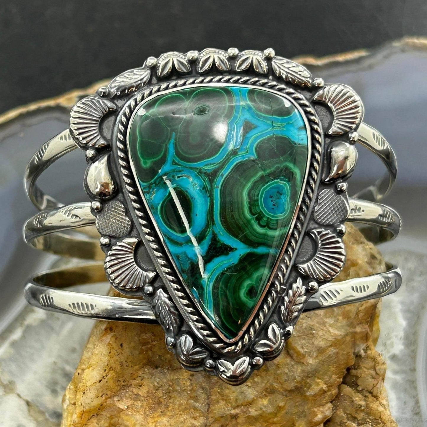 Sterling Silver Southwestern Style Teardrop Malachite Azurite Bracelet For Women